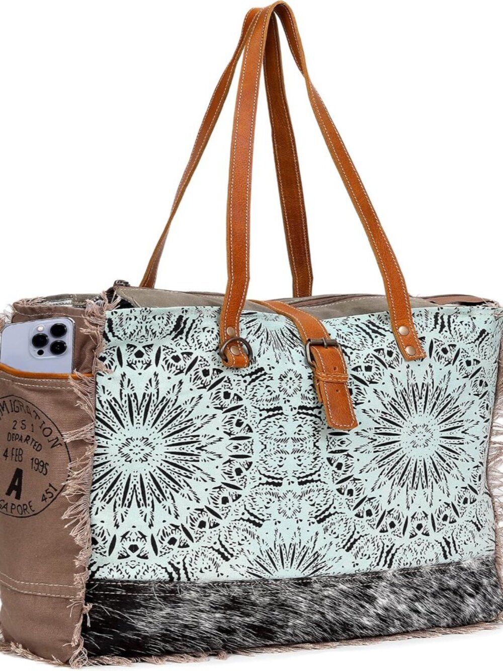 CLA Large Canvas Bag, Multicolor, Cowhide Hair On Leather With Upcycle Canvas Ha